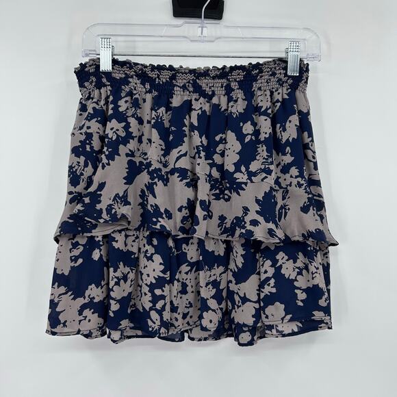 Ramy Brook Darla Navy Taupe Floral Tiered Ruffle Silk Mini Skirt Womens Size Med - Picture 3 of 11